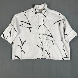 Comfy USA White Black Abstract Print Button Down Short sleeve Shirt Boxy S